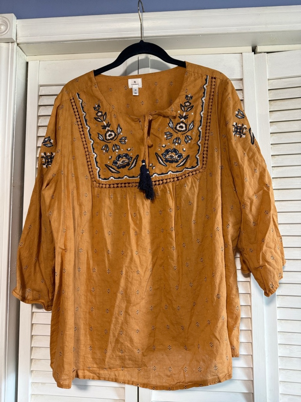 Dress Barn - Embroidered Mustard Peasant Top with Tassel Tie